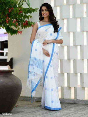 Quetzal Self Design, Solid/Plain Handloom Pure Cotton Saree(White)