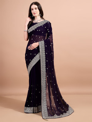 Divastri Embroidered, Embellished, Woven Bollywood Georgette Saree(Purple)