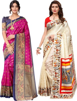 Samah Printed, Geometric Print, Floral Print Banarasi Cotton Silk, Silk Blend Saree(Pack of 2, Multicolor)