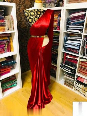 Hari Om Fab Solid/Plain Bollywood Satin Saree(Red)