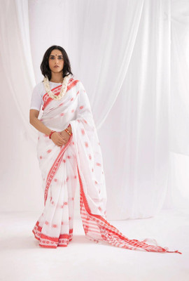 TWIRL Woven Handloom Pure Cotton Saree(White)