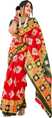 HouseOfCommon Printed Sambalpuri Pure Cotton Saree(Red)