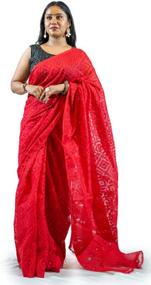 OXYMASU Self Design Jamdani Cotton Blend Saree(Red)
