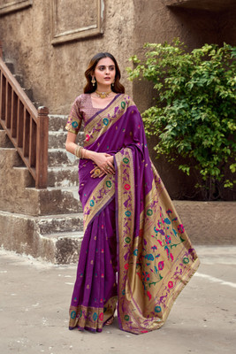 Tasrika Embroidered Paithani Cotton Silk Saree(Purple)