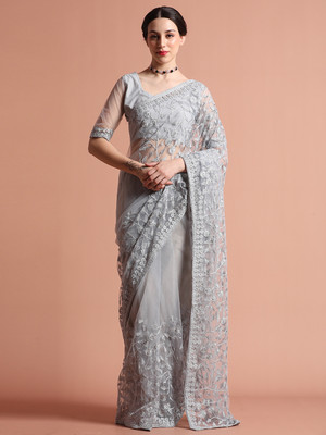 Jaipur Kurti Embroidered Bollywood Net Saree(Grey)