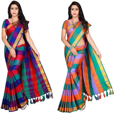 Rofolav Checkered Daily Wear Cotton Silk Saree(Pack of 2, Multicolor)