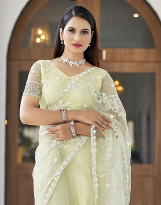 Samah Embroidered, Embellished Bollywood Net Saree(Light Green)