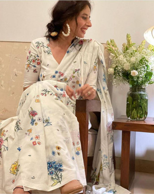 Grubstaker Digital Print Bollywood Linen Saree(White)