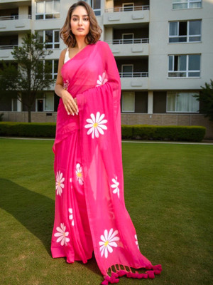 SMRITI CREATION Printed Handloom Handloom Pure Cotton Saree(Pink, White)