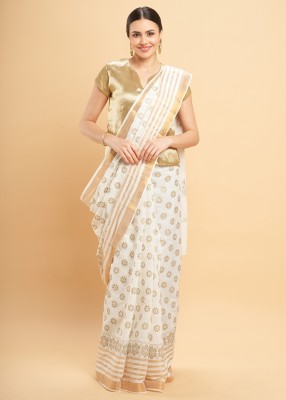 Manvish Drapes Printed Kasavu Pure Cotton Saree(White)