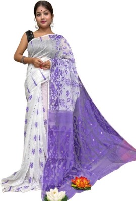 bongstyle Woven Jamdani Cotton Silk Saree(Purple)