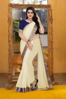 Volmina Solid/Plain Chanderi Cotton Blend Saree(Cream)