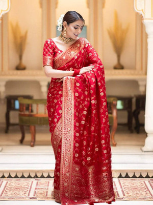 AAINA CREATION Woven, Printed Kanjivaram Pure Silk, Art Silk Saree(Red)