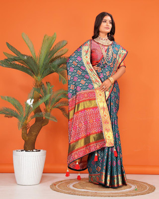 LAVYANSH CREATION Printed, Self Design Patola Silk Blend Saree(Blue)