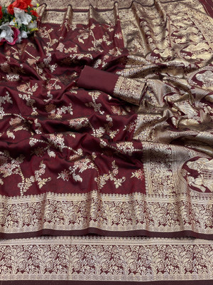 KanjiQueen Woven, Self Design Banarasi Silk Blend, Pure Silk Saree(Maroon)