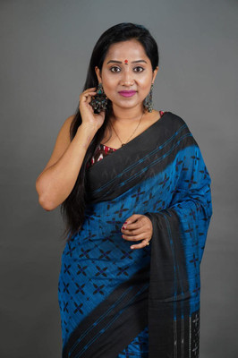 ACHOL Printed Handloom Pure Cotton Saree(Blue)