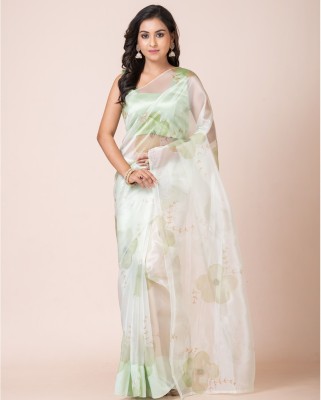 Tirthveer Floral Print Bollywood Organza Saree(Light Green)