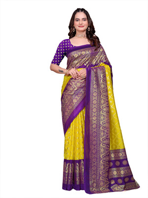 maayro Floral Print Bollywood Silk Blend Saree(Purple)