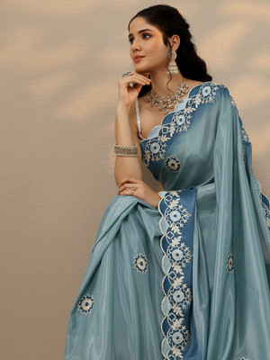 LIBAS Embroidered Daily Wear Silk Blend Saree(Blue)