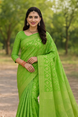 Samai Printed Banarasi Cotton Blend Saree(Light Green)