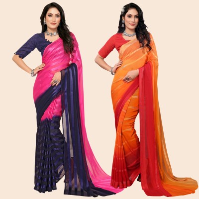 Anand Sarees Striped Bollywood Satin Saree(Pack of 2, Pink, Blue, Orange, Red)