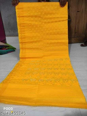 SMRITI HANDLOOM Printed Jamdani Cotton Blend Saree(Yellow)