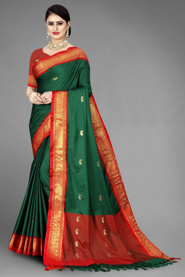 Fab Silk Embroidered Bollywood Cotton Silk Saree(Dark Green)