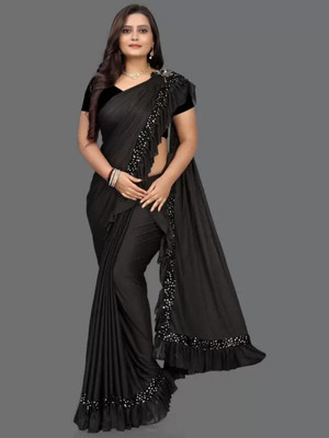 KHODIYAR FASHION Solid/Plain Banarasi Lycra Blend Saree(Black)
