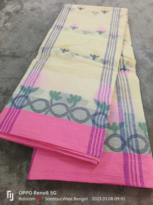 Balika bodhu Self Design Tant Pure Cotton Saree(Cream, Pink)
