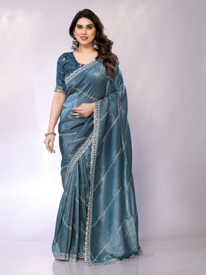 FABMORA Embroidered, Embellished Bollywood Tissue, Pure Silk Saree(Light Blue)