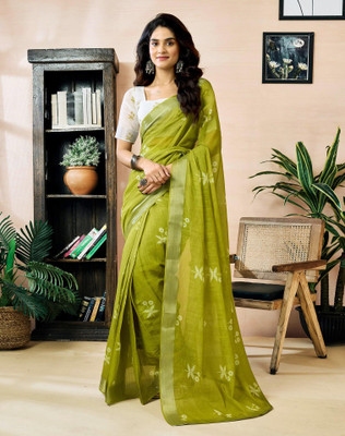 Tasrika Floral Print, Geometric Print, Printed Daily Wear Chanderi, Cotton Linen Saree(Green)