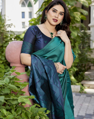 YASHIKA Woven Chettinadu Cotton Silk Saree(Blue)