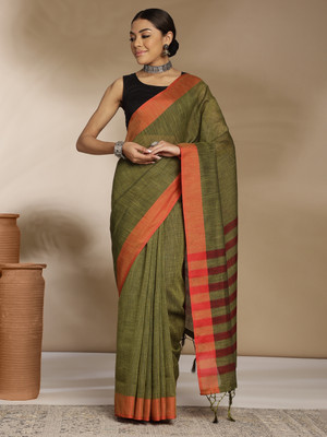 ANOUK Woven Bollywood Linen Saree(Green)