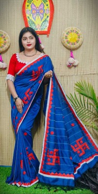 ANJALI TEXTILES Applique Handloom Cotton Blend Saree(Light Blue)