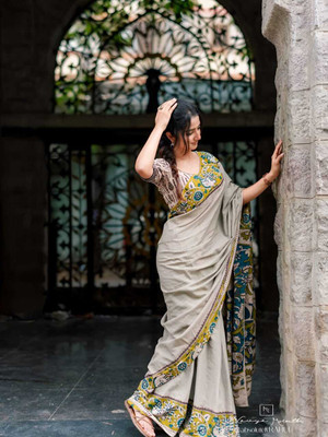 Kiaaa Printed, Floral Print Daily Wear Linen Saree(Grey)