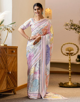 Satrani Digital Print, Printed Bollywood Crepe Saree(White, Pink)