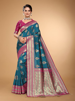 AAGIRI Applique, Dyed, Embellished, Floral Print, Self Design, Woven Banarasi Pure Silk, Jacquard Saree(Light Blue)