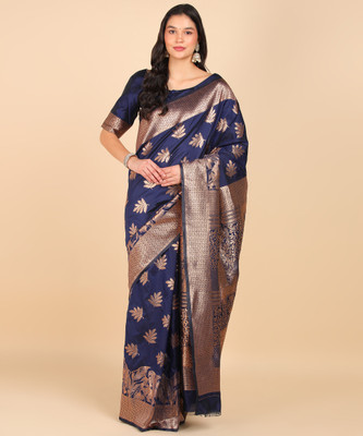 LEAFSY Self Design Banarasi Jacquard Saree(Blue)