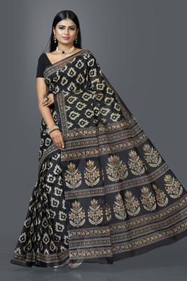 SHANVIKA Printed Daily Wear Pure Cotton Saree(Black)
