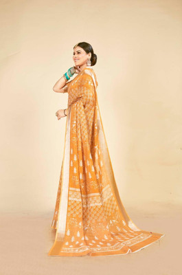 VTEXX Digital Print Saree with Attached Blouse Cotton Linen Saree(Yellow)