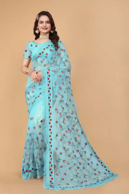 Aika Embroidered Bollywood Net Saree(Light Blue)