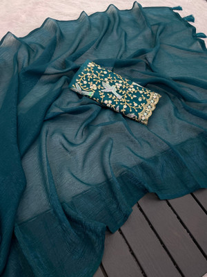 KONICA FAB Solid/Plain, Embroidered Bollywood Chiffon Saree(Dark Blue)