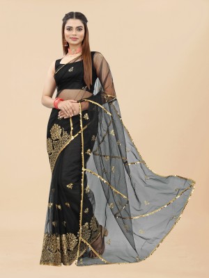 Yashakti Designer Embroidered Bollywood Net Saree(Black)