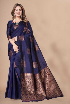 Om Creation Self Design Chanderi Polyester Saree(Dark Blue)