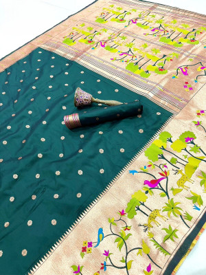 HouseOfCommon Woven Paithani Cotton Silk Saree(Green)