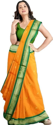 AAYATFABRICS Woven Banarasi Cotton Silk Saree(Orange, Green)