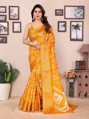 Moda Rapido Printed Bandhani Cotton Blend Saree(Mustard)