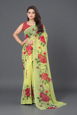 SYNVOZET Printed, Floral Print Bollywood Georgette Saree(Multicolor, Yellow)