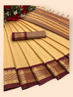 Hytechfashion Woven Chanderi Silk Blend Saree(Beige)