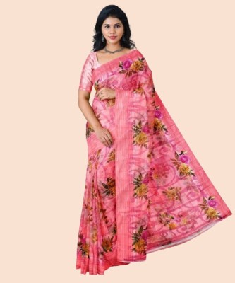 Ruhabs Floral Print Daily Wear Cotton Blend Saree(Pink)